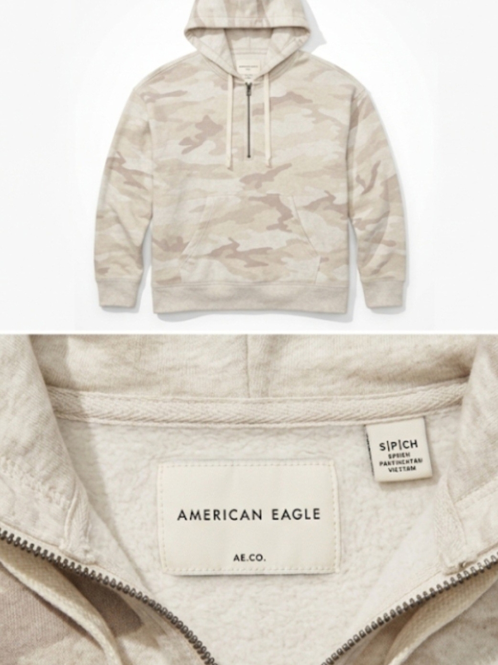 American Eagle Outfitters Beige Camo Half-Zip Hoodie